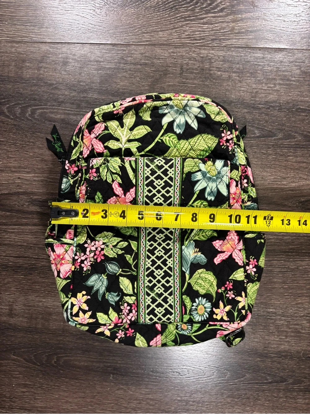 Vera Bradley Black Floral Quilted Backpack with Pink and Green Accents